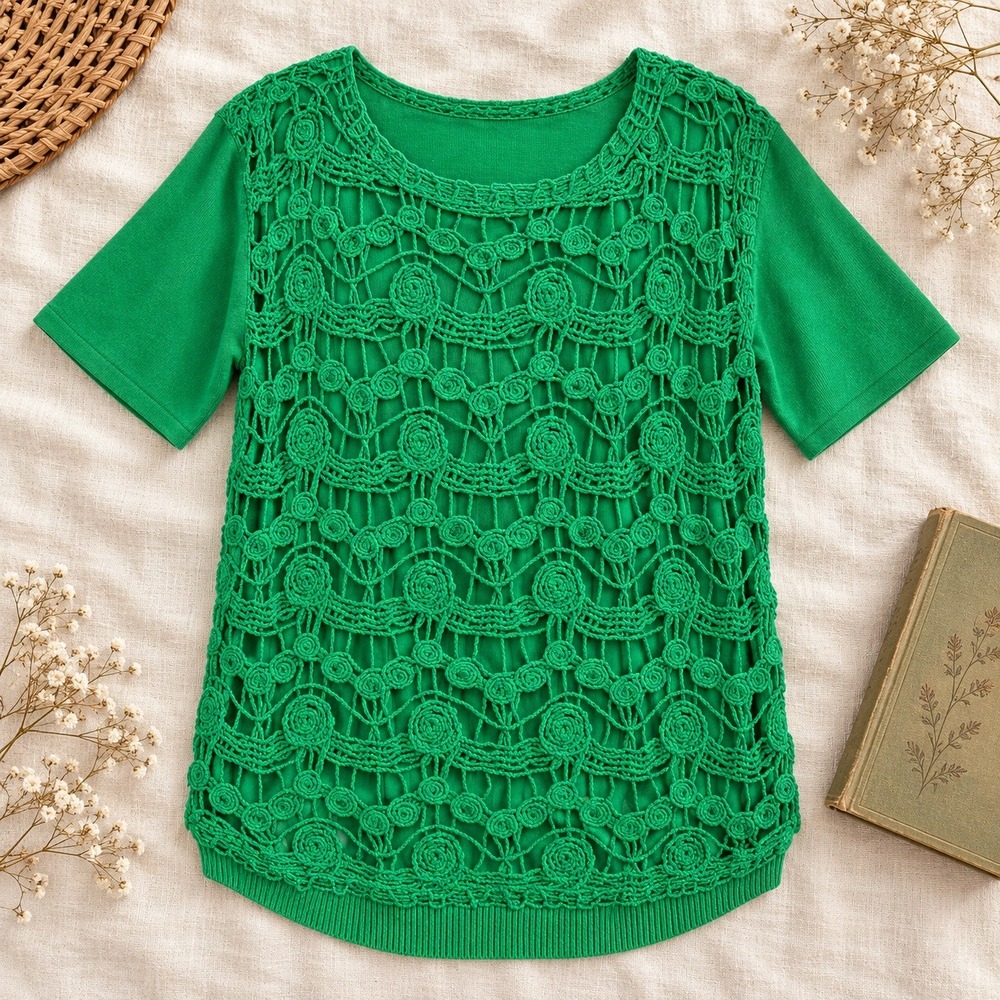 Alfred Dunner Crochet Knit Sweater Womens XL Green Short Sleeve Grannycore Boho
